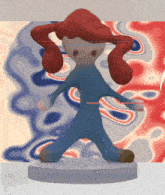 a cartoon character with red hair is standing in front of a multicolored background