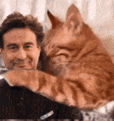 a man is petting a cat which is laying on his chest