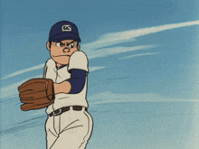 a cartoon of a baseball player wearing a blue cap with the letter k on it