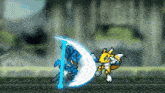 a pixel art of a fox and a pokemon