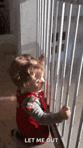 a little boy looking through a fence with the words let me out written below him