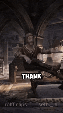 a screenshot of a video game with a man sitting in a chair and a thank message