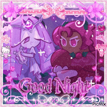 a cookie run greeting card with two cookies and the words `` good night '' written on it .