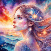 a colorful painting of a woman with stars in her hair