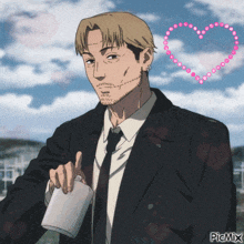 a picture of a man in a suit and tie with a heart behind him