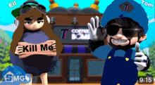 a man and a girl are standing in front of a coffee bomb
