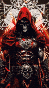 a skeleton in a red cloak with a skull belt