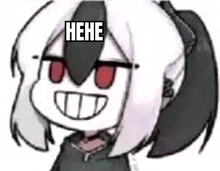 a cartoon girl with red eyes and a black hat is smiling with the word nene on her head .