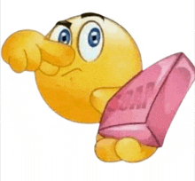 a yellow smiley face is holding a pink bar of soap in its hand .