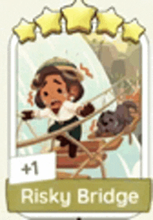 a card that says risky bridge with a picture of a person on a bridge and a dog .