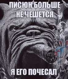 a black and white drawing of a dog smoking a cigar with russian writing
