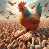a painting of a giant chicken surrounded by smaller chickens with the words minimax hailuo ai on the bottom