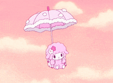 a pink sheep is flying under a pink umbrella in the sky
