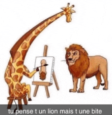 a giraffe is painting a picture of a lion with the caption tu pense t un lion mais t une bite