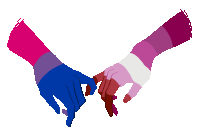 a drawing of two hands holding each other with a pink and blue stripe on them