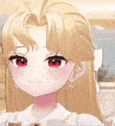 a girl with long blonde hair and red eyes is smiling