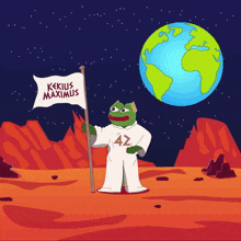 a cartoon of a frog holding a flag that says " kekus maximus "