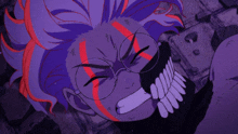 a cartoon character with glasses and purple hair has a red eye and white teeth
