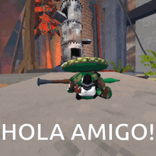 a video game character is laying on the ground with the words hola amigo written below him