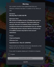 a screenshot of a warning from roblox shows that a modified version of roblox was used on a device you recently played