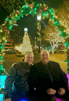two men are posing for a picture in front of a christmas tree in a park