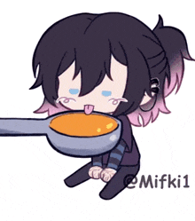 a cartoon of a girl holding a spoon with her tongue hanging out .