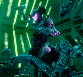 a purple robot with a hammer in its hand is standing in a room with green lights