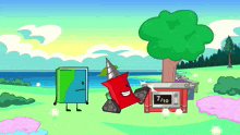 a cartoon drawing of a book and a red object with the number 1/10 on it