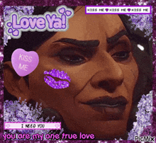 a picture of a woman with a purple heart that says kiss me on it