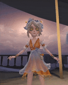 a cartoon girl in an orange and white dress
