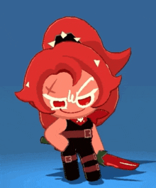 a cartoon character with red hair is holding a knife in her hand