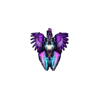 a computer generated image of a purple and blue robot with wings .