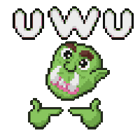 a pixel art of a green monster pointing at the word uwu