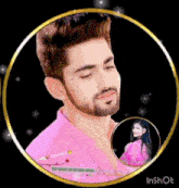 a man with a beard and a pink shirt is in a circle with a picture of a woman in the middle .