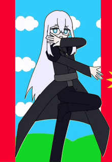 a drawing of a girl with white hair and glasses