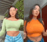a woman in a green crop top and an orange crop top is standing next to a woman in shorts .