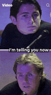 a man talking into a microphone with the words " i 'm telling you now " above him