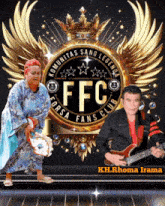 a man is playing a guitar and a woman is playing a tambourine in front of a logo for the ffc fans club