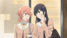 two anime girls are standing next to each other with one covering her mouth