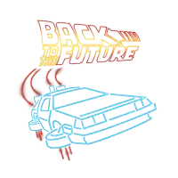 a neon sign for back to the future with a car in the background