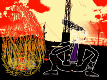 a drawing of a man sitting in front of a fire with a red background