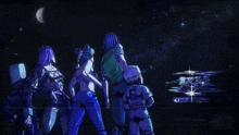 a group of anime characters are standing in front of a starry sky with one music written in the bottom right corner