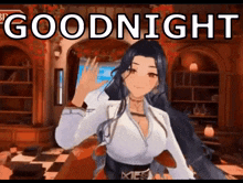 a woman in a white shirt is dancing in a room with the words `` goodnight '' written on it .