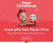 an advertisement for baby 's first christmas with a girl and a panda