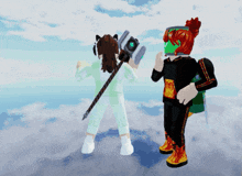 a girl with a mask on her head is standing next to a girl with a sword