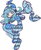 a cartoon drawing of a girl with green hair and blue clothes