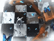 a black and white checkered floor with butterflies and a robot on it