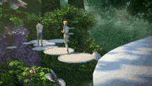 a man and a woman are standing on a platform in a garden .