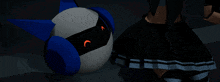 a girl in a black skirt is standing next to a blue and white robot with orange eyes