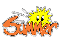 the word summer is written in orange and yellow with a smiling sun